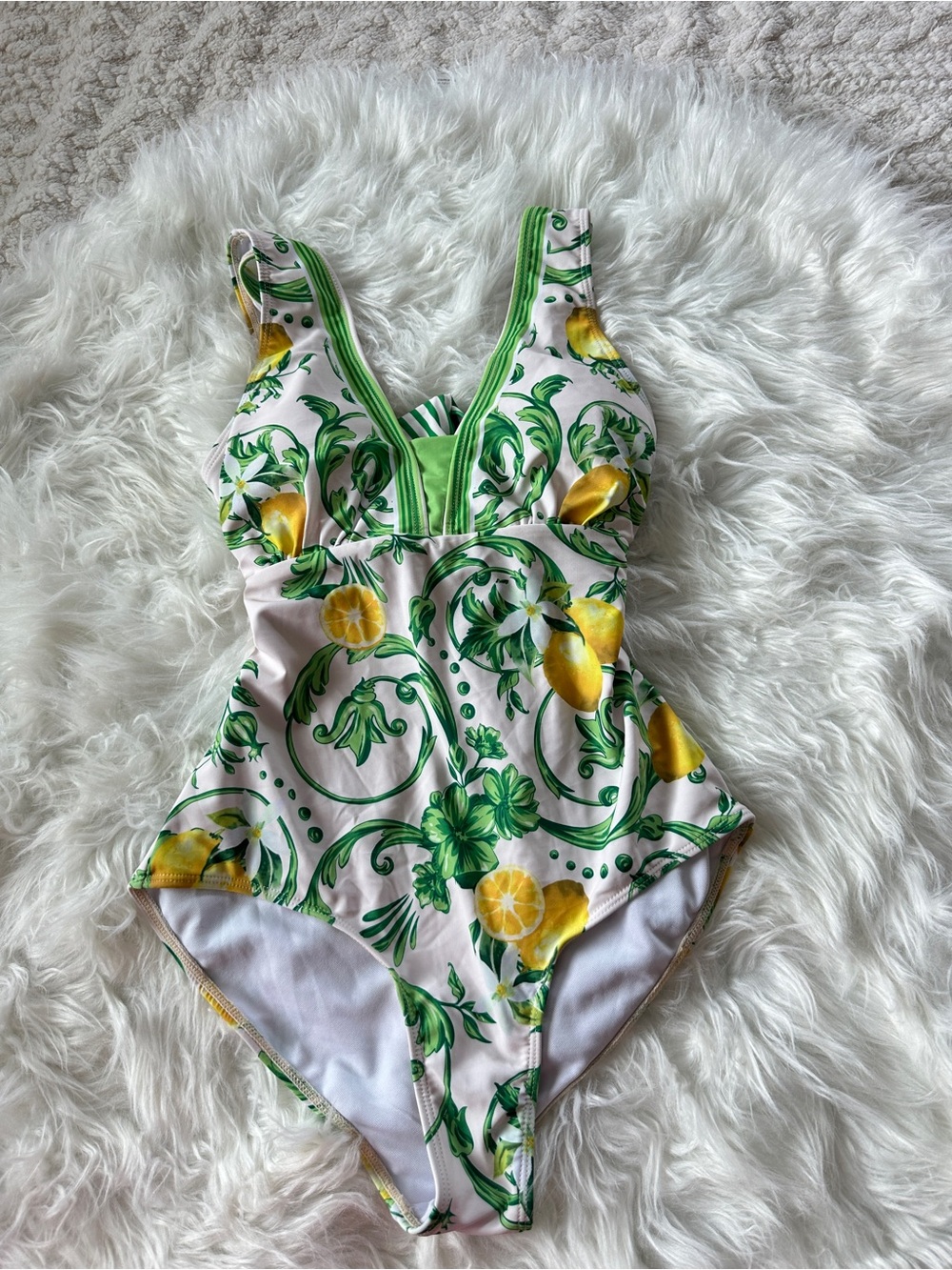 Green and yellow lemon print one piece swimsuit tie back bathing suit 🍋